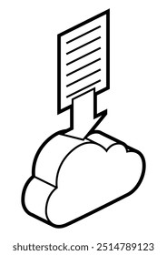 Cloud and paper icon in isometry. Uploading information and files. Image for website, app, logo, UI design.