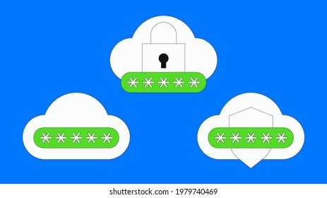 Cloud password security illustrations set. Concept of remote password database storage. Cloud login authorization. Flat thin line style.