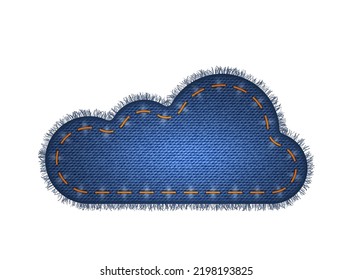 Cloud patch of blue jeans denim texture. Realistic sturdy cotton twill fabric of denim jeans label with thread stitches and torn fringes edges. Vector illustration