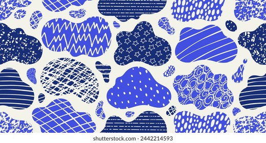 Cloud pattern. Abstract shape vector background. Cute seamless summer design. Matisse style organic sky pattern. Kid nature cartoon paper cloud with doodle texture. Modern Matisse scribble background