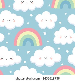 cloud pattern, cloud background, rainbow and stars seamless pattern, cartoon vector illustration, sky background for baby
