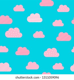 Cloud pattern background. Vector cartoon pink and blue clouds with dot and stripe pattern background