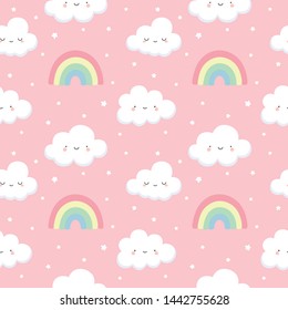 cloud pattern, cute cloud cartoon background, rainbow and stars seamless pattern, cartoon vector illustration, sky background for baby
