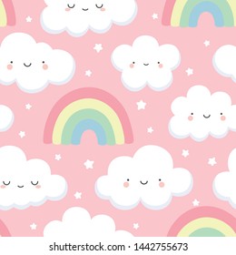 cloud pattern, cute cloud cartoon background, rainbow and stars seamless pattern, cartoon vector illustration, sky background for baby
