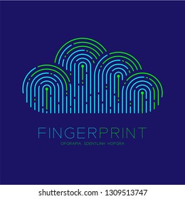Cloud pattern Fingerprint scan logo icon dash line, Technology connect concept, Editable stroke illustration blue and green isolated on blue background with Fingerprint text and space, vector eps10