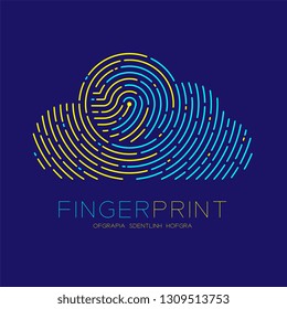 Cloud pattern Fingerprint scan logo icon dash line, Technology connect concept, Editable stroke illustration blue and yellow isolated on blue background with Fingerprint text and space, vector eps10