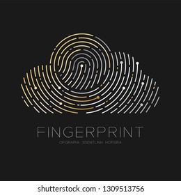 Cloud pattern Fingerprint scan logo icon dash line, Technology connect concept, illustration silver and gold isolated on black background with Fingerprint text and space, vector eps10