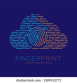 Cloud pattern Fingerprint scan logo icon dash line, Technology connect concept, Editable stroke illustration blue and orange isolated on blue background with Fingerprint text and space, vector eps10