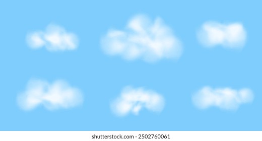 Cloud pattern with overlay effect. Realistic white cloud or fire smoke in sky. vector weather element on blue background.