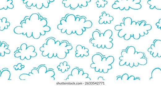 Cloud pattern. Seamless kid sky vector. Cute crayon line cloud background. Seamless chalk sky doodle art. Hand drawn sketch vintage texture. Abstract kid weather bg by marker crayon brush pencil chalk