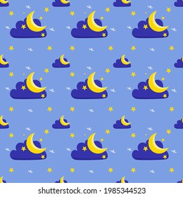 cloud pattern, stars, crescent moon  blue background