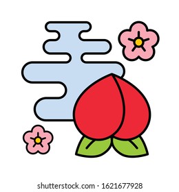 Cloud and peach vector illustration, Chinese New year filled icon