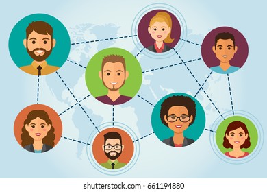 Cloud people avatars on blue background with earth. Social media network concept. Vector illustration.