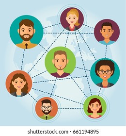 Cloud people avatars on blue background with earth. Social media network concept. Vector illustration.