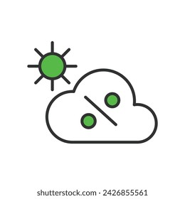 Cloud percentage solar panels icon in line design, green. Cloud, percentage, solar, panels, weather, efficiency isolated on white background vector. Cloud percentage solar panels editable stroke icon.