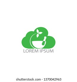 Cloud Pharmacy medical logo design. Natural mortar and pestle logotype, medicine herbal illustration symbol icon vector design.