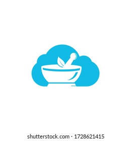 Cloud Pharmacy medical logo design. Natural mortar and pestle logotype, medicine herbal illustration symbol icon vector design.