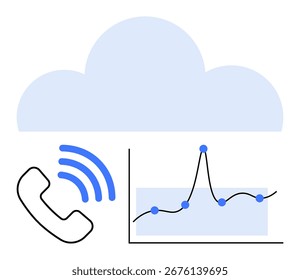 Cloud phone icon with waves, graph with data points symbolize connectivity, analytics, technology. Ideal for cloud computing, data analysis, telecommunications, networking, digital transformation