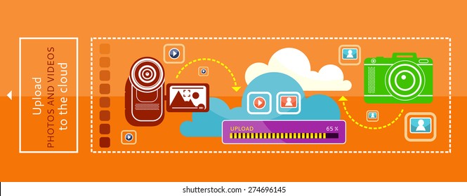 Cloud Photo Nad Video Storage Icon. Cloud Technology Remote Computing. Cloud Computing Concept. Upload Photos And Videos To The Cloud