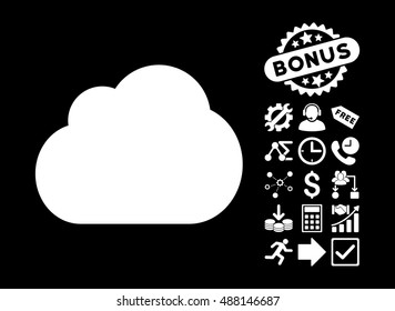 Cloud pictograph with bonus design elements. Vector illustration style is flat iconic symbols, white color, black background.