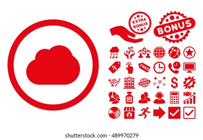 Cloud pictograph with bonus design elements. Vector illustration style is flat iconic symbols, red color, white background.