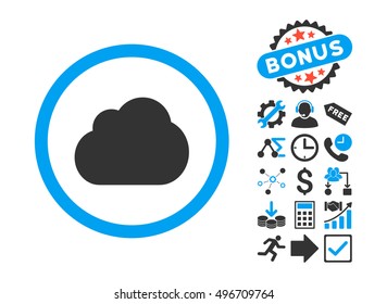 Cloud pictograph with bonus design elements. Vector illustration style is flat iconic bicolor symbols, blue and gray colors, white background.