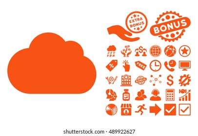 Cloud pictograph with bonus icon set. Vector illustration style is flat iconic symbols, orange color, white background.