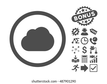 Cloud pictograph with bonus symbols. Vector illustration style is flat iconic symbols, gray color, white background.