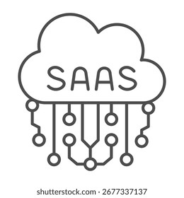 Nube con conexiones pin icono de línea delgada, concepto de tecnología financiera. Gráficos de Vector. Mercado de SAAS para las ventas, muestra de la tecnología en el fondo blanco, icono del estilo del contorno para el móvil o el Diseño web