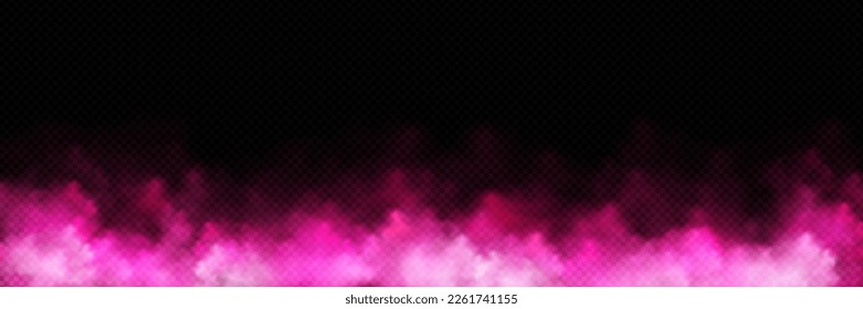 Nube de humo rosa sobre fondo negro transparente. Ilustración vectorial realista de niebla de color mágico con efecto superpuesto, borde. Niebla de pintura en polvo de Holi. Amor en el aire