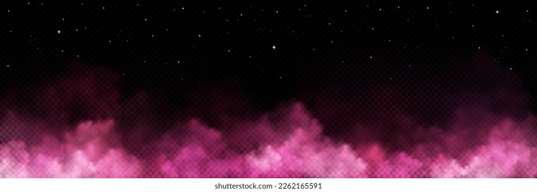 Cloud of pink smoke on black transparent background, bright stars shining in dark night sky. Realistic vector illustration of magic color fog with overlay effect. Holi powder paint mist. Love in air