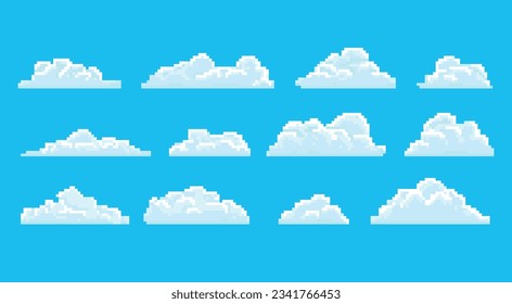 Cloud pixel. Pixel cloudscape, cloud masses at blue sky. Pixelated icons for game setting and scenery. 8 bit playing background or arcade in retro old school.