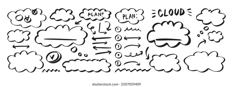 Cloud planning sketch line drawing elements. hand drawn icons for business cloud sketch. Vector illustration