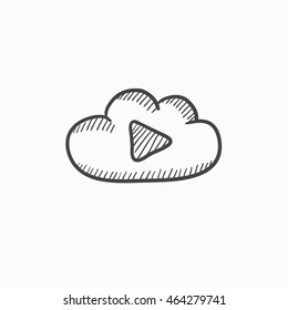 Cloud with play button vector sketch icon isolated on background. Hand drawn Cloud with play button icon. Cloud with play button sketch icon for infographic, website or app.