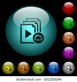 Cloud playlist icons in color illuminated spherical glass buttons on black background. Can be used to black or dark templates