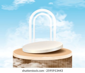 Cloud with podium for product. Empty podium for product display on Sky Background.