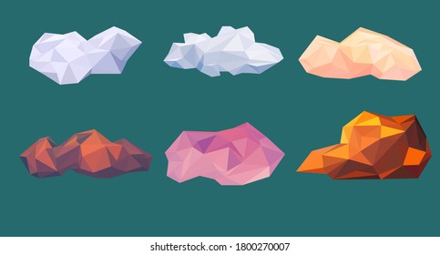 Vector de conjunto de polígonos en la nube, colorido de nubes blancas, naranjas, rosas y oscuras, dibujos animados de la naturaleza primaveral, diseño de formas geométricas de polos bajos y triangulares, arte vectorial e ilustración