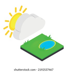 Cloud pond icon isometric vector. Pond with green grass, yellow sun behind cloud. Partly cloudy, overcast summer day