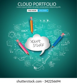 Cloud Portfolio concepto con diseño Doodle estilo :marketing en línea, medios sociales, pensamiento creativo. Ilustración de estilo moderno para banners web, folletos y volantes.