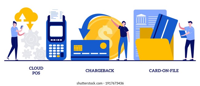 Cloud POS, chargeback, card-on-file concept with tiny people. Retail software abstract vector illustration set. Sale and transaction data storage, bank account, consumer credentials, reward metaphor.