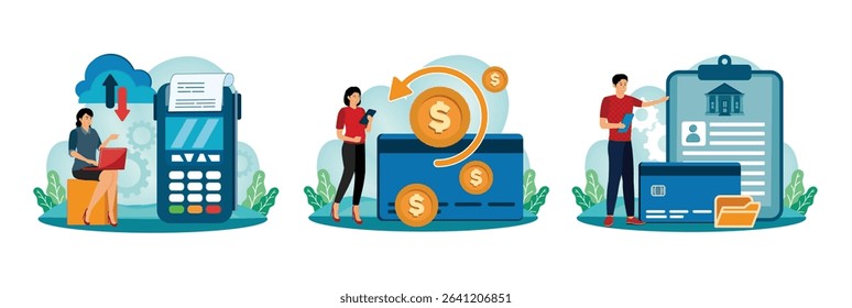 Cloud POS concept. Businesswoman with a laptop beside a digital payment terminal. A woman uses a smartphone with the Chargeback concept. Online banking and financial document management.