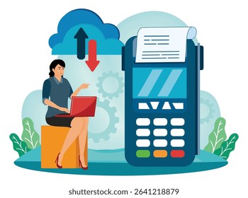 Cloud POS concept. Businesswoman with a laptop beside a digital payment terminal, emphasizing modern business tools and cloud-based data management.