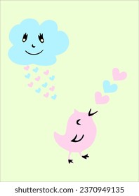 A cloud pours hearts on a singing bird. Romantic illustration. Vector hand-drawn doodles. Design of a postcard, template. Sketch, icon, clipart.