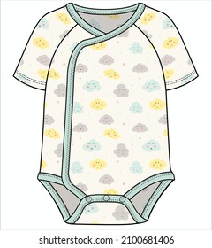 CLOUD PRINTED BODYSUIT WITH CONTRAST RIB  DETAIL FOR BABY BOYS AND TODDLER BOYS IN EDITABLE VECTOR FILE