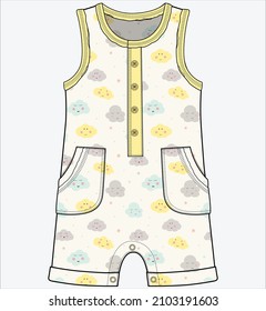 CLOUD PRINTED BODYSUIT WITH PATCH POCKET DETAIL FOR BABY BOYS AND TODDLER BOYS IN EDITABLE VECTOR FILE