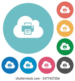 Cloud printing flat white icons on round color backgrounds