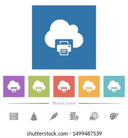 Cloud printing flat white icons in square backgrounds. 6 bonus icons included.