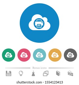 Cloud printing flat white icons on round color backgrounds. 6 bonus icons included.