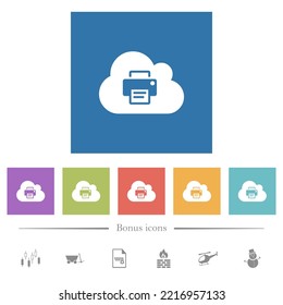 Cloud printing flat white icons in square backgrounds. 6 bonus icons included.
