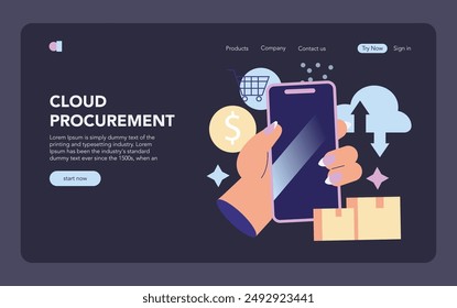 Cloud Procurement concept. A seamless online shopping experience with digital payment and package tracking. Modern e-procurement solutions. Vector illustration.